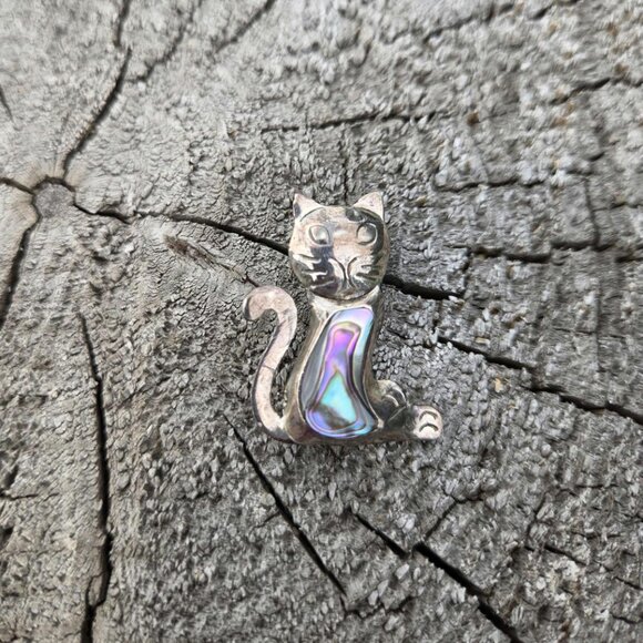 Taxco Cat Brooch Pin Abalone Shell Sterling Silver Vintage Jewelry Cute Retro - Picture 2 of 10